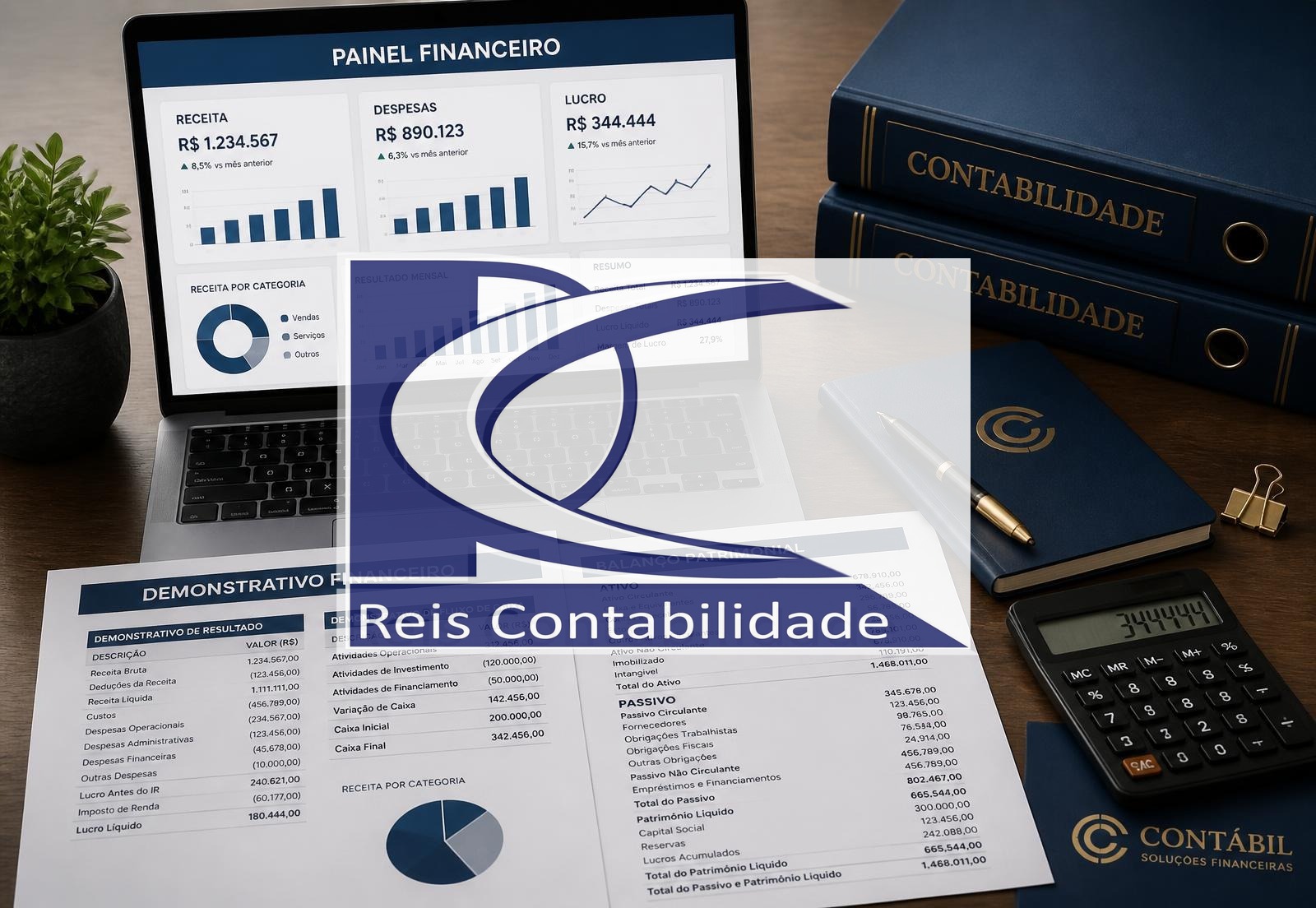 Mesa de trabalho contábil com notebook exibindo gráficos financeiros, planilhas e calculadora